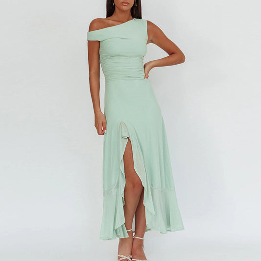 Summer Women's Solid Color Asymmetrical Neck Ruffled Split Waist Slim Dress