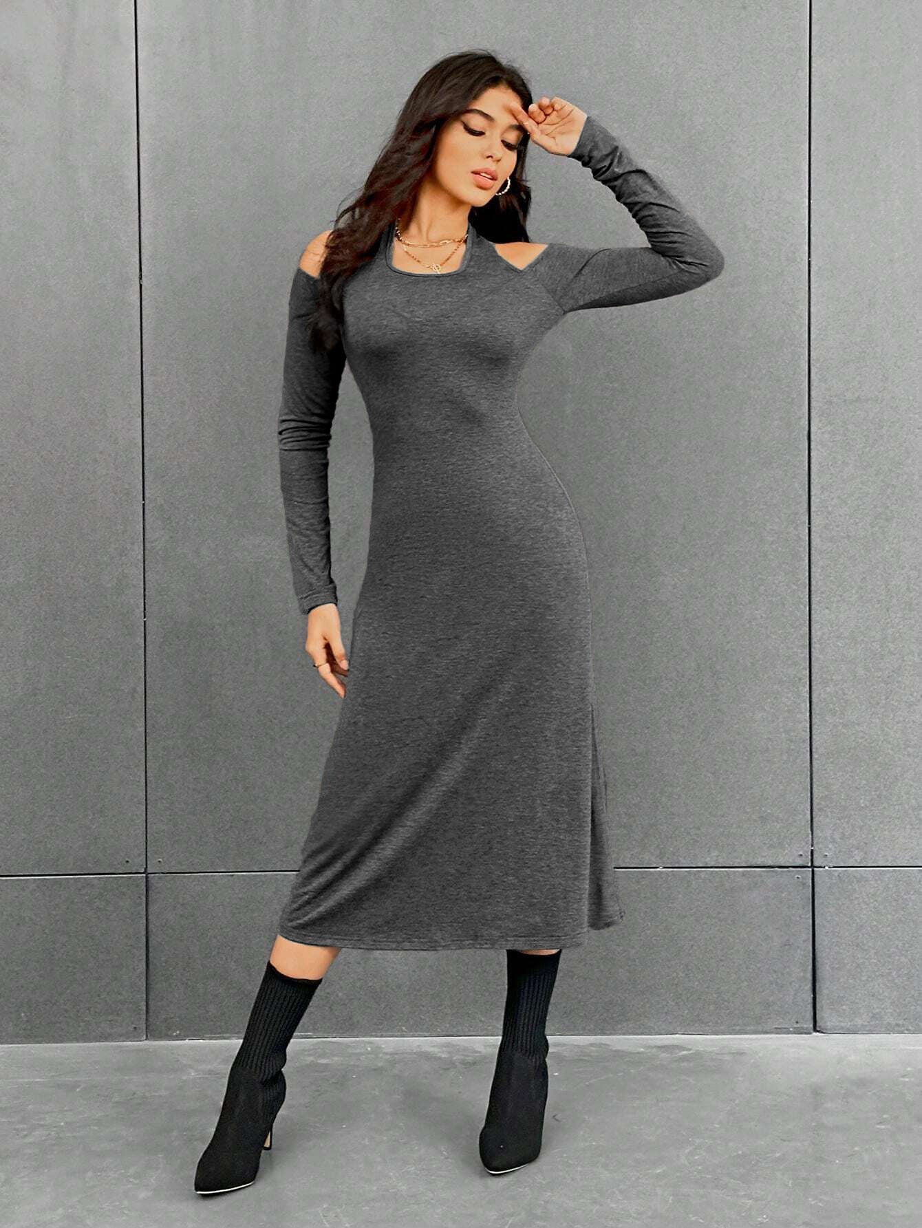 Women's Simple Halter High-Waisted Slim Fit Solid Color Dress