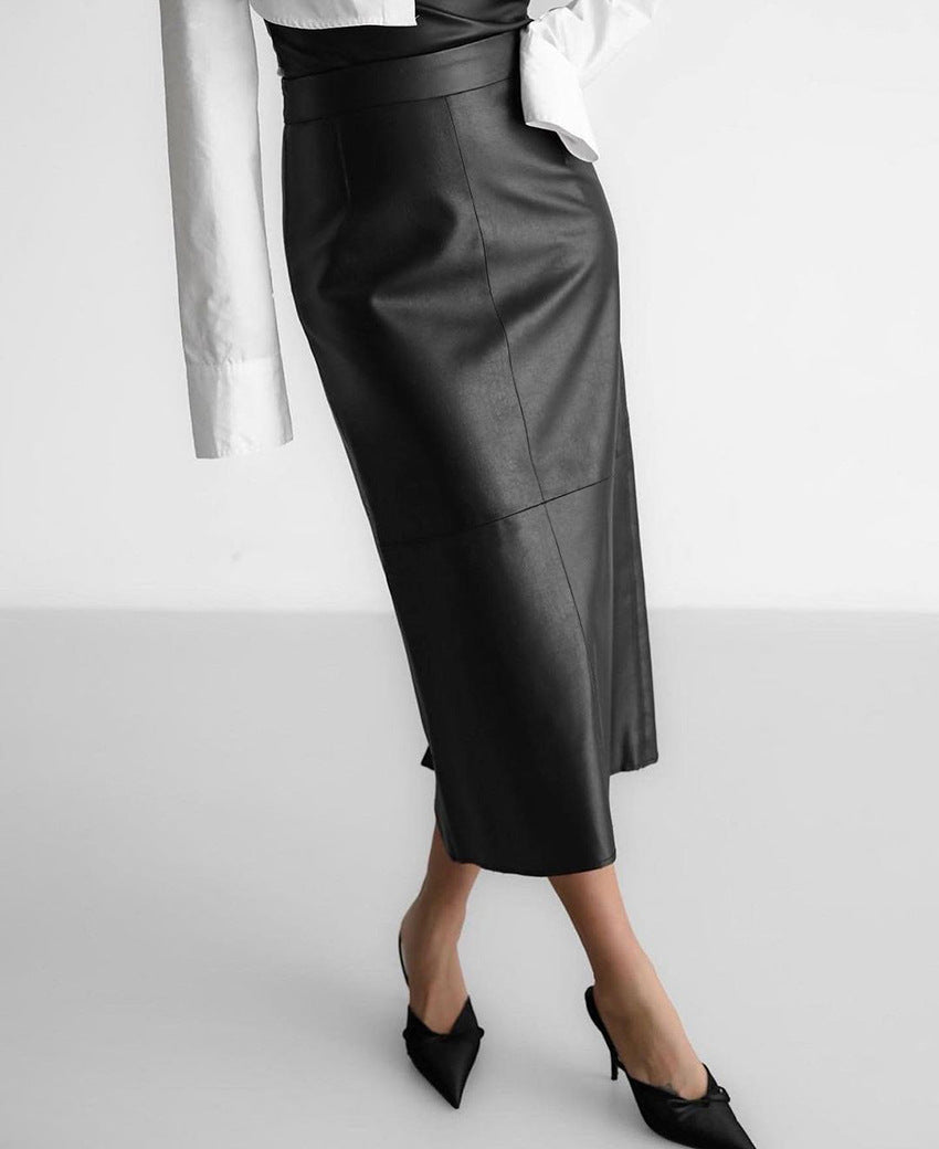 Women's High-Waisted Split PU Leather Pencil Skirt