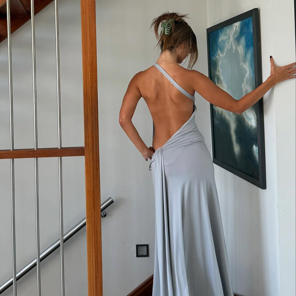 Sexy One-Shoulder Backless Metal Decor Bodycon Dress for Women