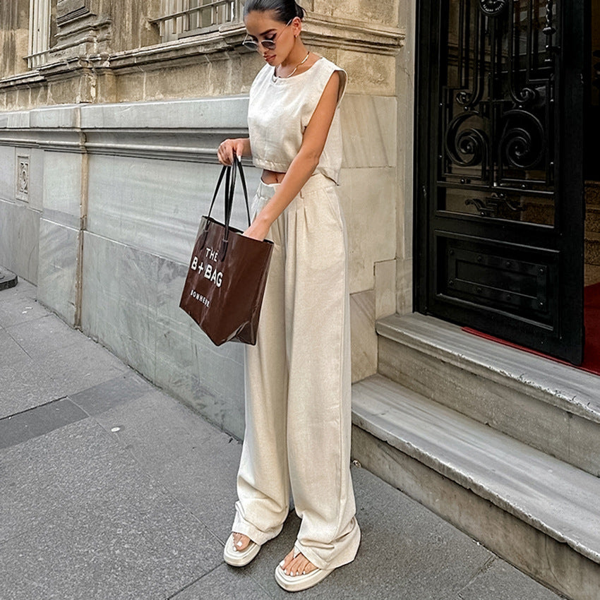 Women's Summer Fashion Casual Khaki Cotton Linen Sleeveless Top and Pants Set