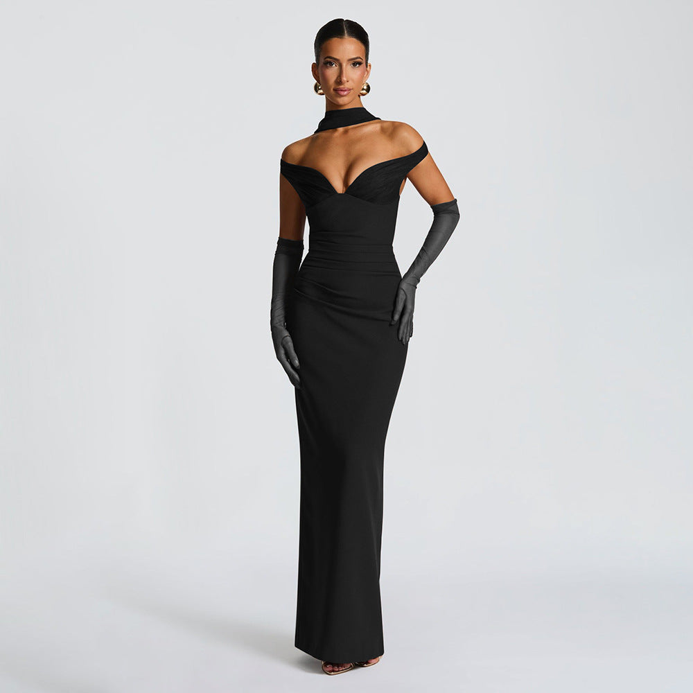 Elegant Strapless Mesh Backless Bodycon Dress 2-Piece Set with Neck Scarf