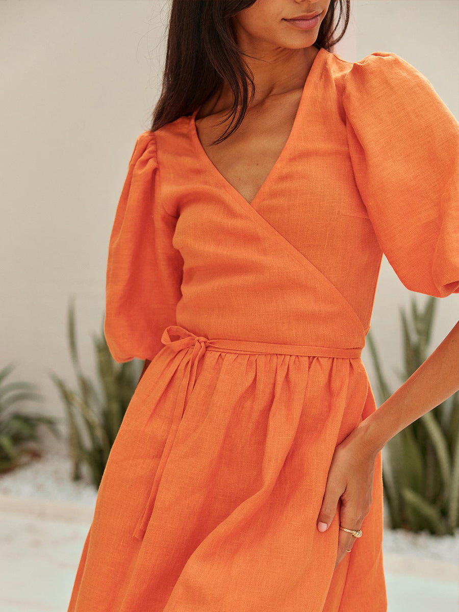 Women's Cotton Tie-Waist Puff Sleeve Midi Dress