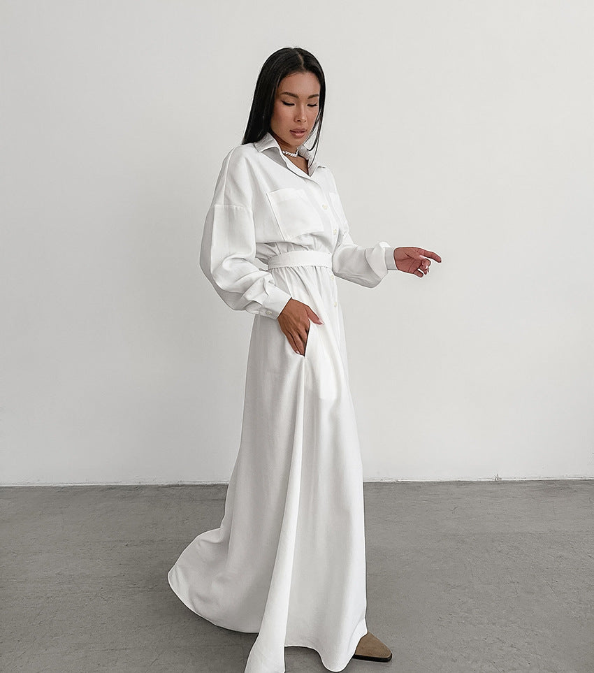 Women's French Collar Slim Shirt Dress - Elegant White Fitted Dress for Everyday Wear