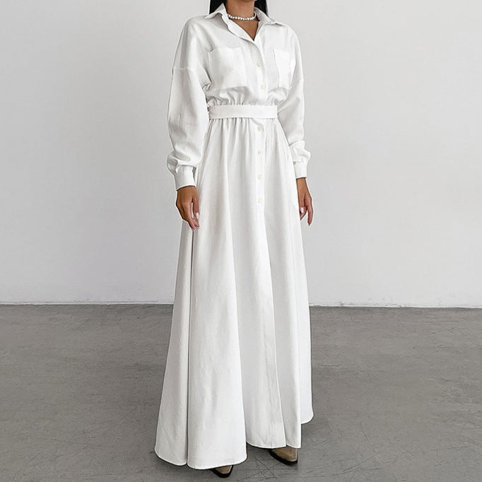 Women's French Collar Slim Shirt Dress - Elegant White Fitted Dress for Everyday Wear