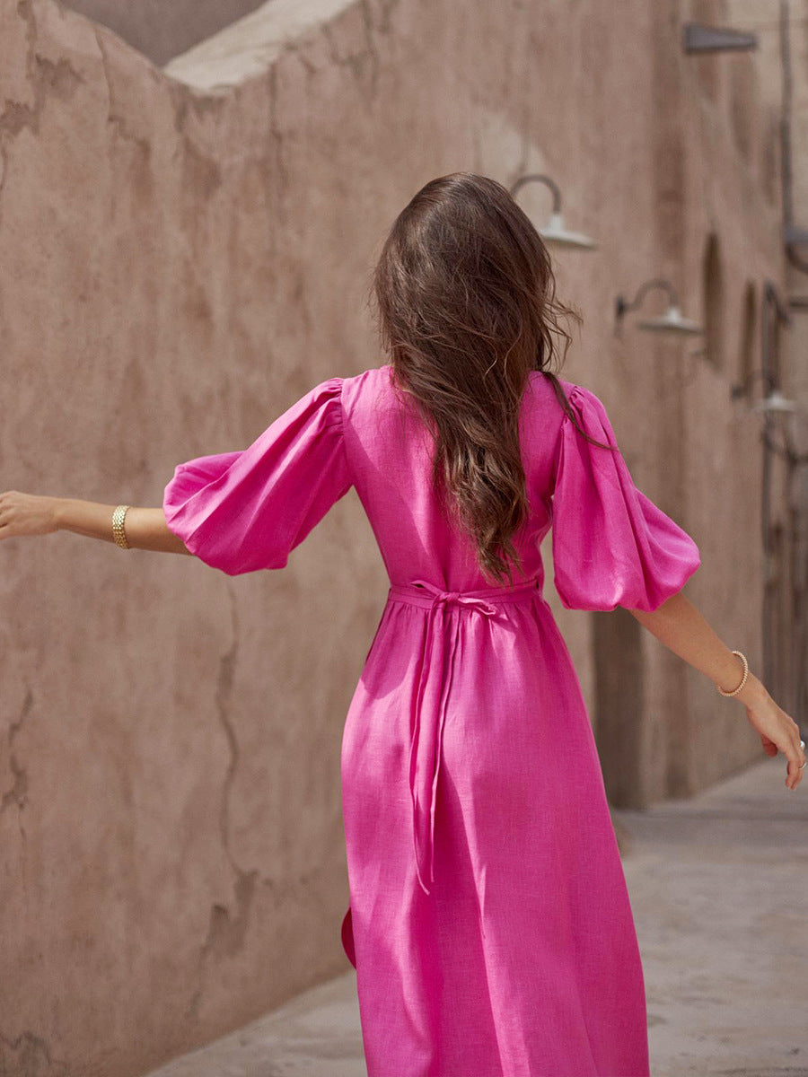 Women's Cotton Tie-Waist Puff Sleeve Midi Dress