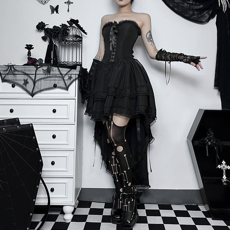 Women's Gothic Sexy Slim Corset Strapless Lace Dress - Waist-Tie High-Waisted Gown