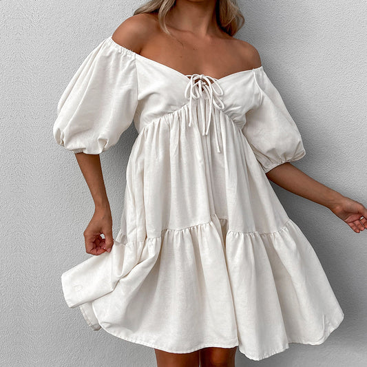 Women's Summer Khaki Cotton Linen V-Neck Tie Sexy Dress