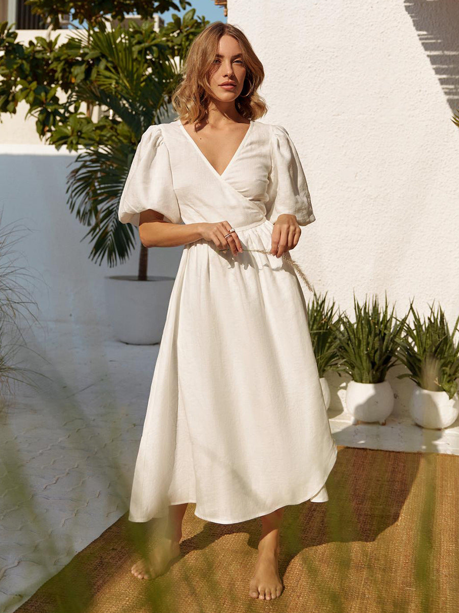 Women's Cotton Tie-Waist Puff Sleeve Midi Dress