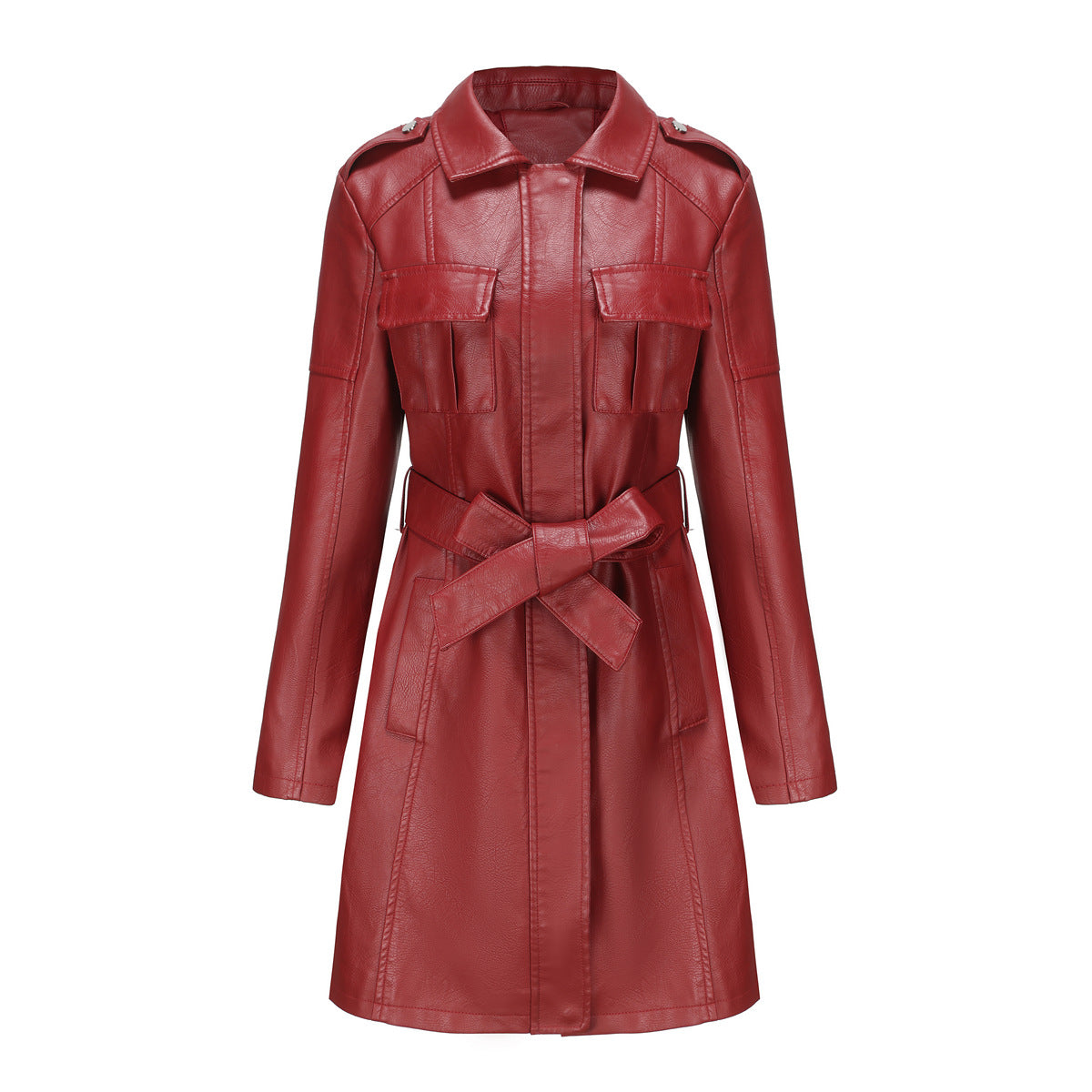 Women's Mid-Length Belted Faux Leather Long Sleeve Jacket with Zipper Design