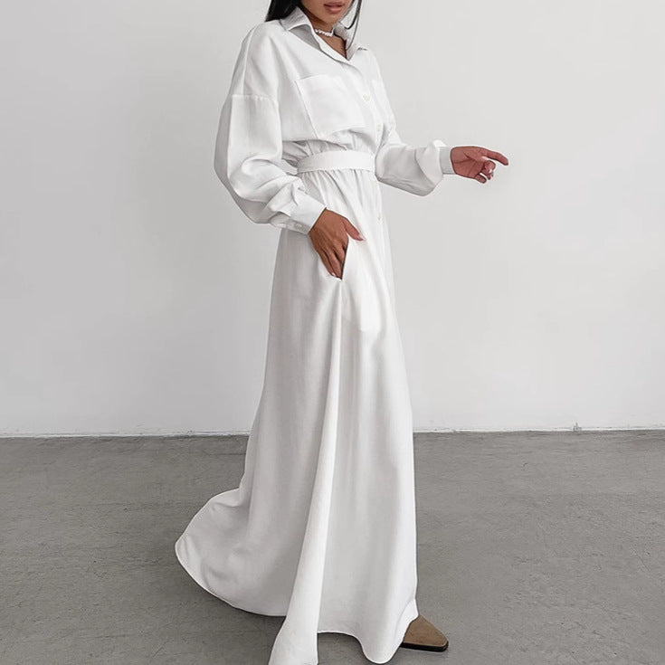Women's French Collar Slim Shirt Dress - Elegant White Fitted Dress for Everyday Wear