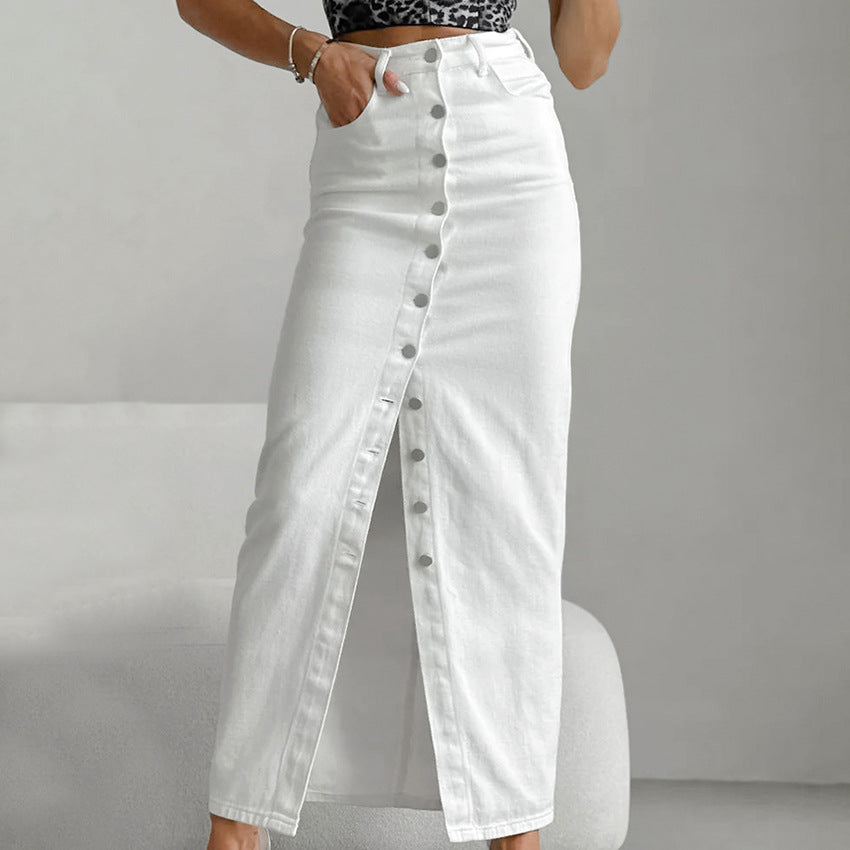 Women's White High-Waisted Fitted Button Skirt 100% Cotton