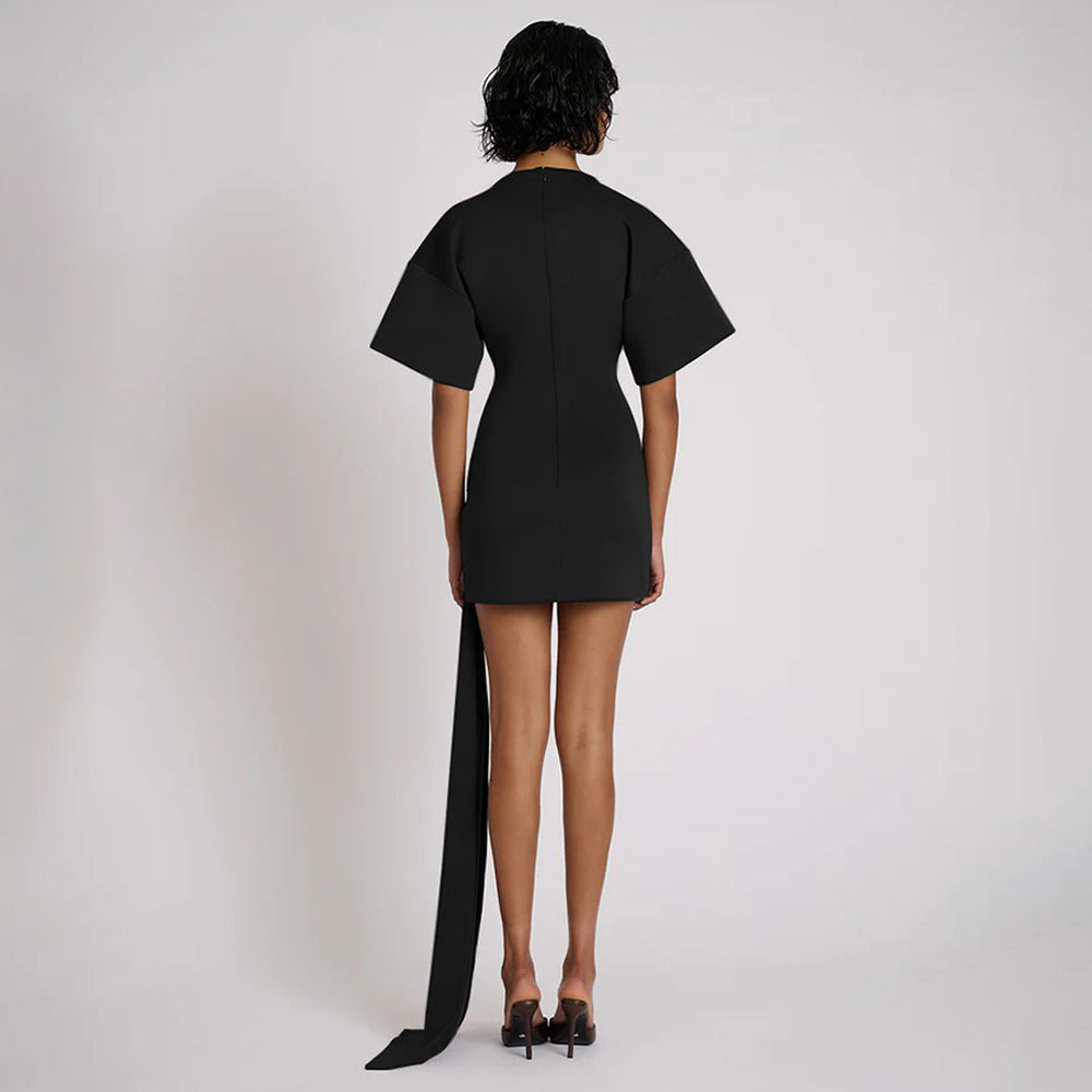 Elegant Solid Color Round Neck Waist-Tie Ruched Bodycon Dress for Women