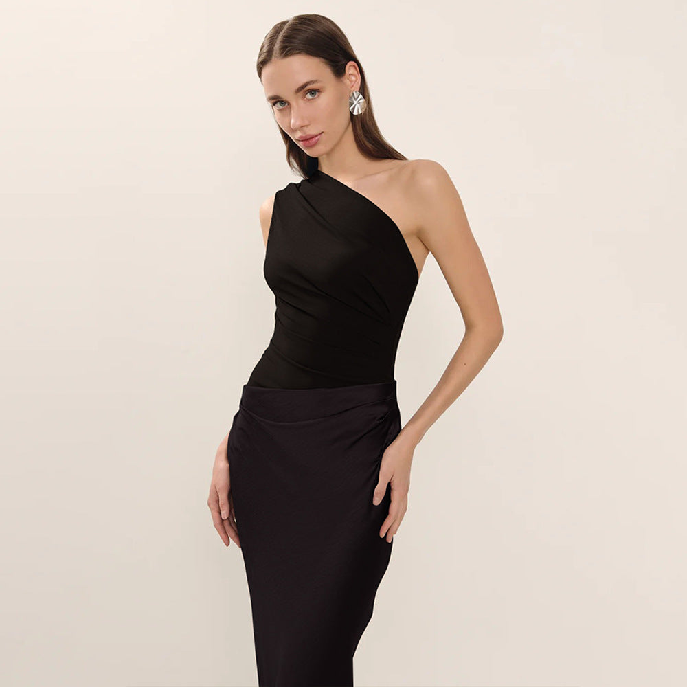 Sexy Sleeveless One-Shoulder Ruched Bodycon Midi Dress for Women