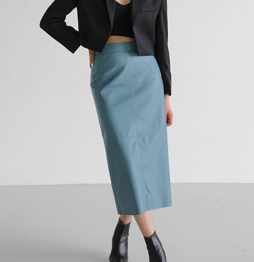 Women's High-Waisted Split PU Leather Pencil Skirt