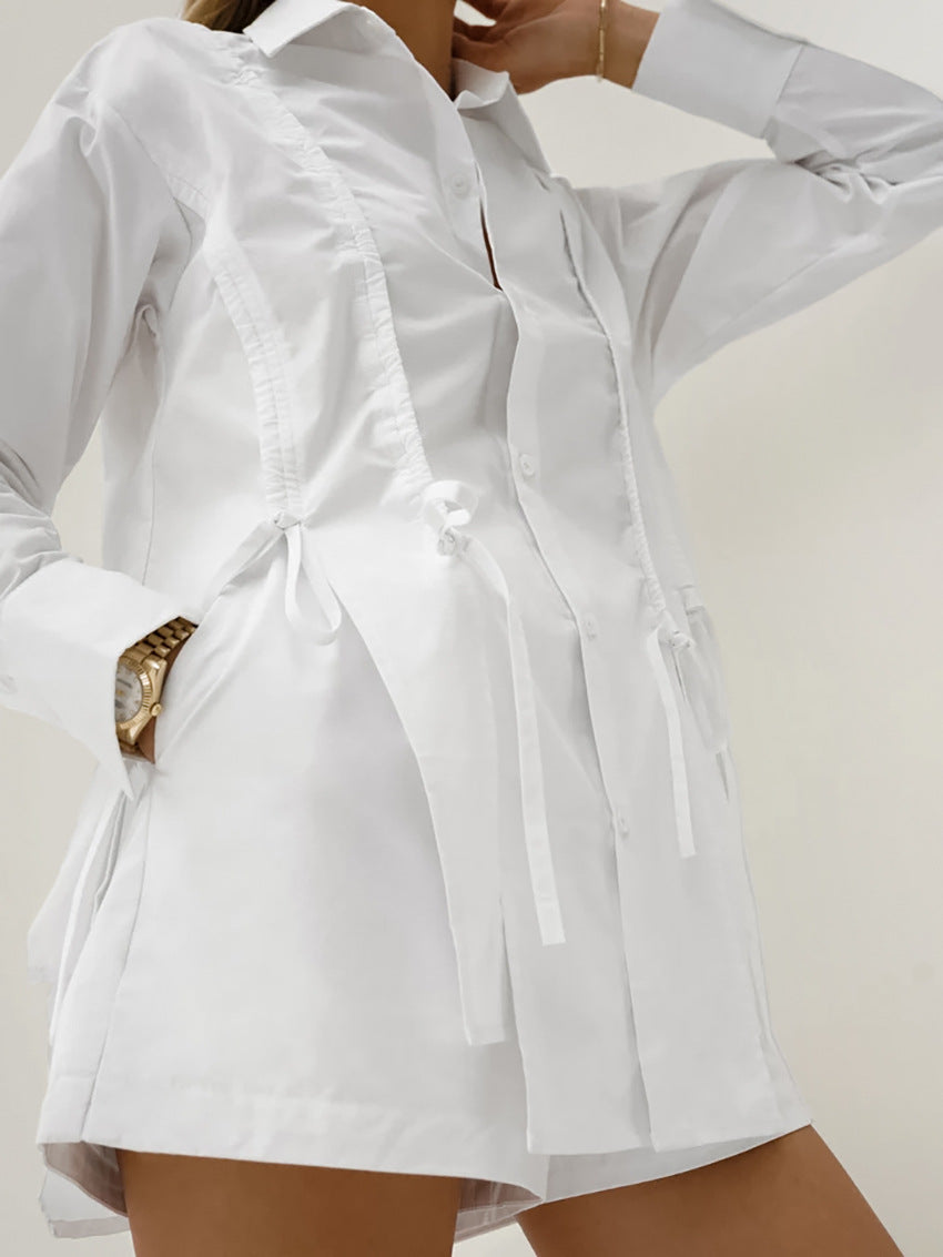 Women's Summer French Lapel Tie Long Sleeve Shirt and Shorts Set