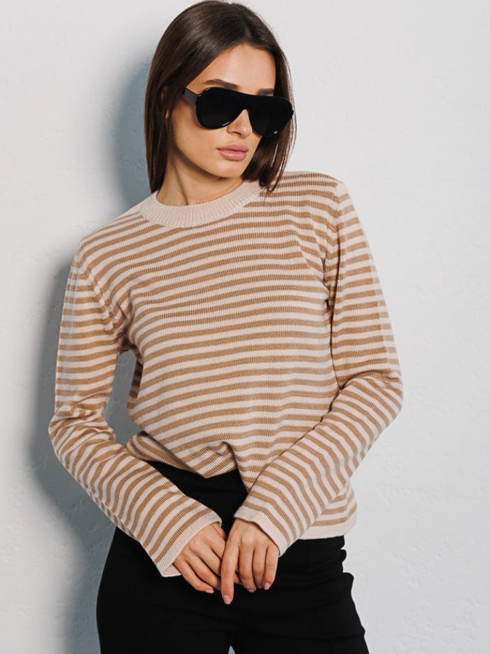 Women's Fashion Ribbed Color Block Striped Crew Neck Knit Sweater