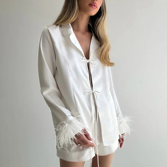 Women's White Cardigan Tie Feather Long Sleeve Short Pajamas