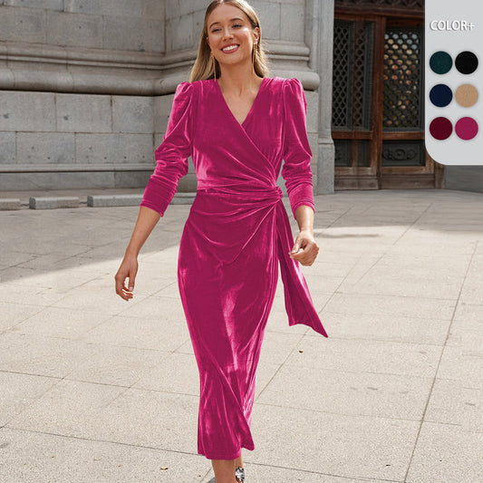 Women's Solid Color Tie Waist V-Neck Velvet Dress - Luxurious Velvet Fabric