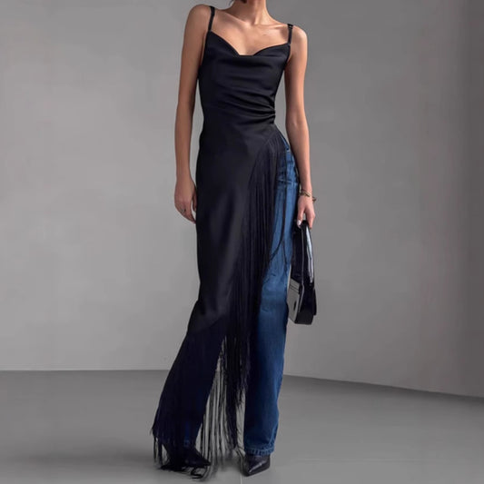 Black Satin Asymmetrical Fringe Overlay Dress – Bold Layered Statement for Women