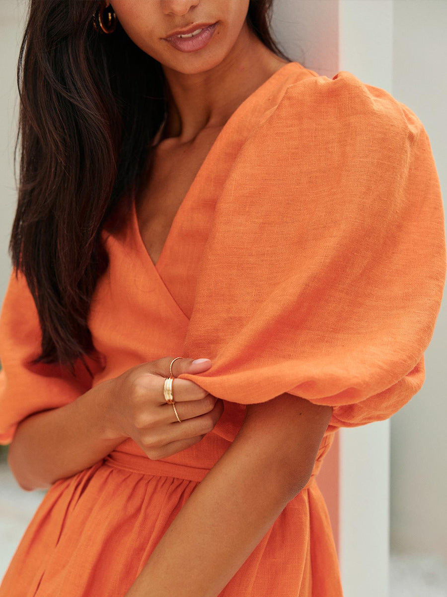 Women's Cotton Tie-Waist Puff Sleeve Midi Dress