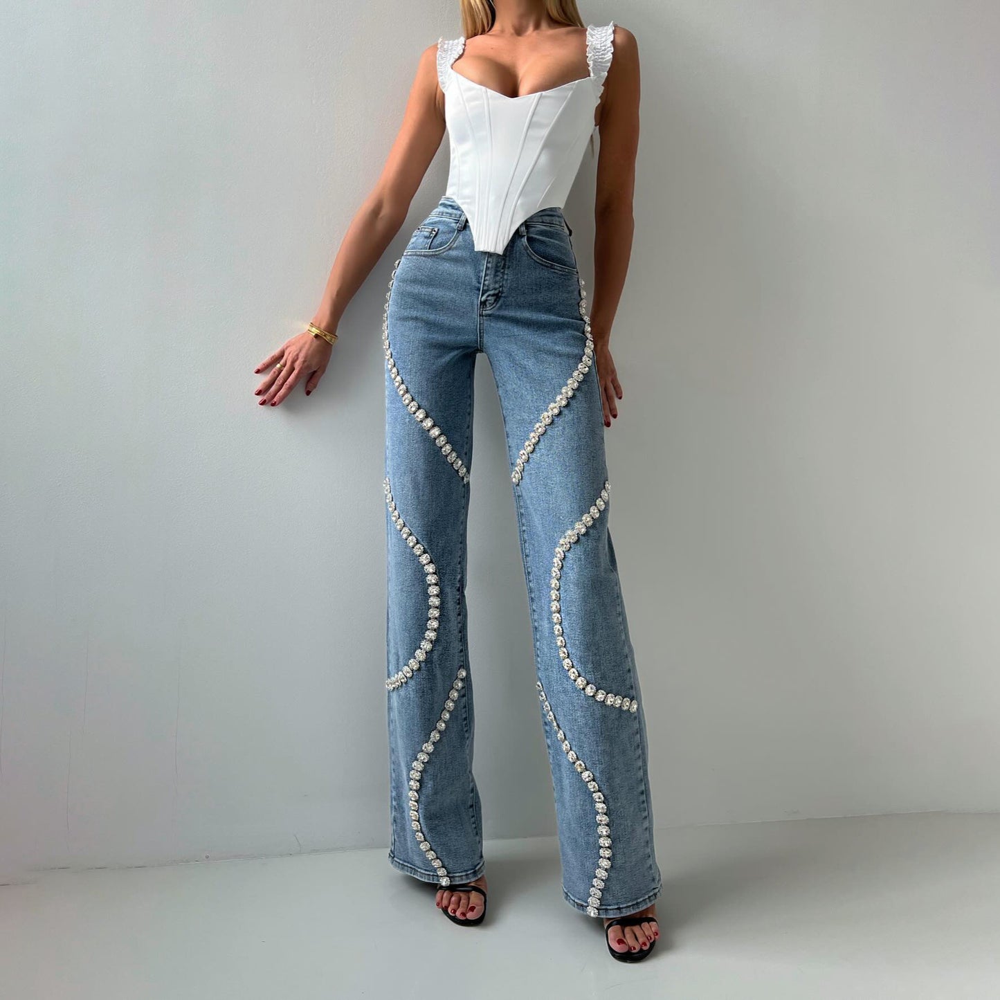 Women's Casual Straight Denim Pants with Surrounding Rhinestone Embellishments