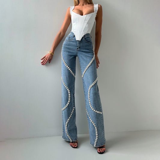 Women's Casual Straight Denim Pants with Surrounding Rhinestone Embellishments
