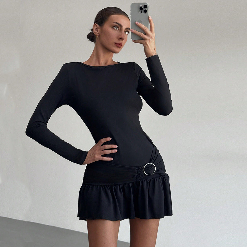 Women's High-Waisted Slim Fit Pleated Dress for Fall/Winter
