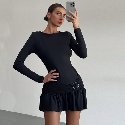Women's High-Waisted Slim Fit Pleated Dress for Fall/Winter