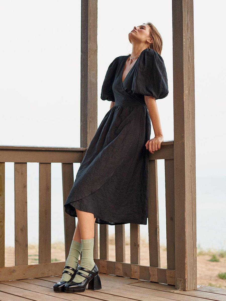 Women's Cotton Tie-Waist Puff Sleeve Midi Dress