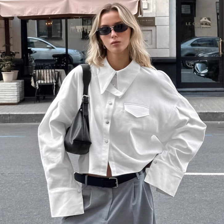 Women's French Style Lapel Loose Fit Cotton Crop Shirt