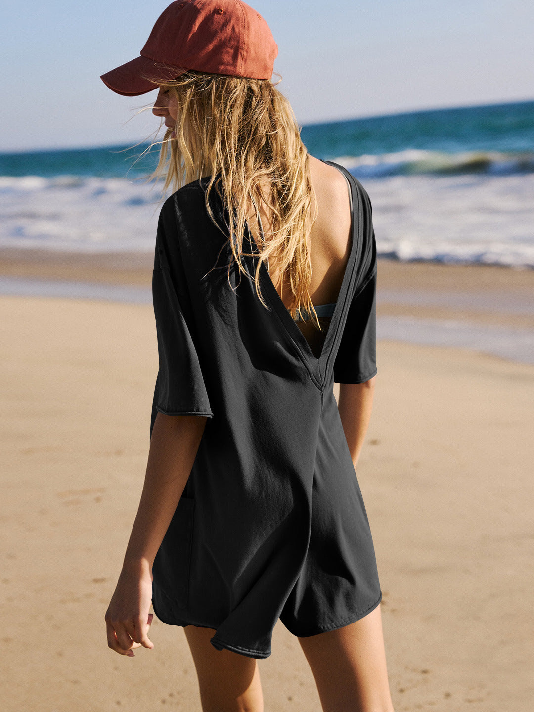 Summer New Loose Fit Casual Romper, Sexy Backless Jumpsuit