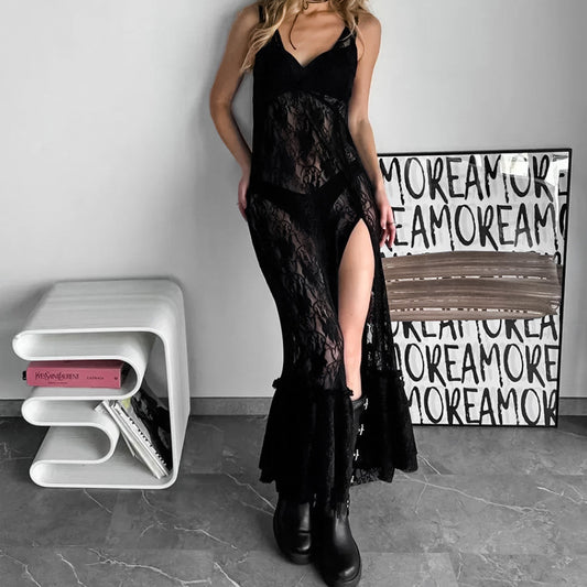 Women's Sexy Black Lace Hollow Out See-Through Camisole Long Dress