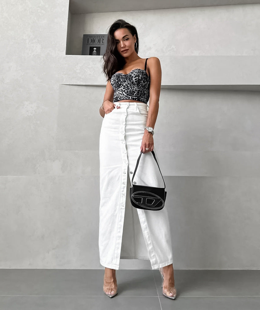 Women's White High-Waisted Fitted Button Skirt 100% Cotton