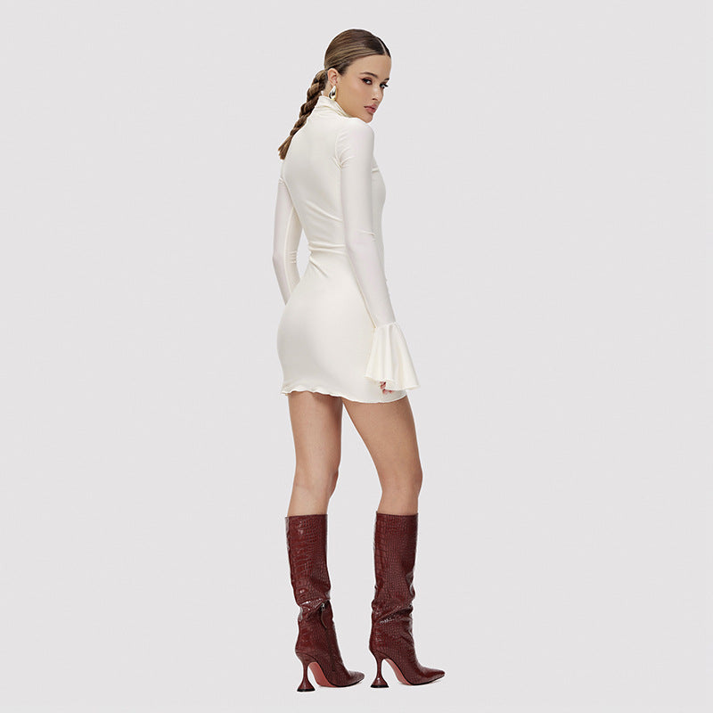Women's Fashion Solid Color High Neck Flare Sleeve Dress