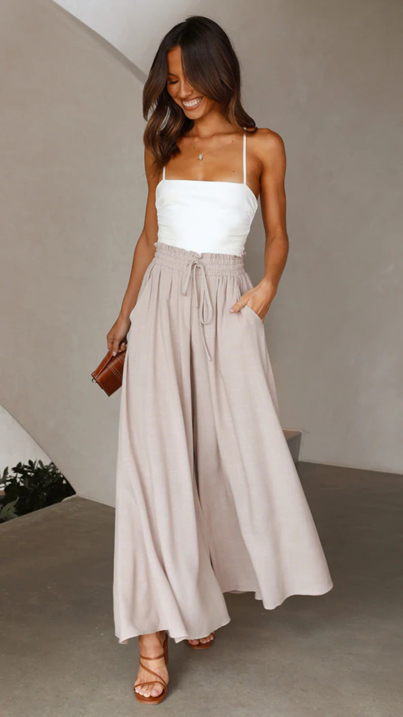 Women’s Multi-Color Elastic Waist High-Waisted Wide-Leg Long Skirt Pants