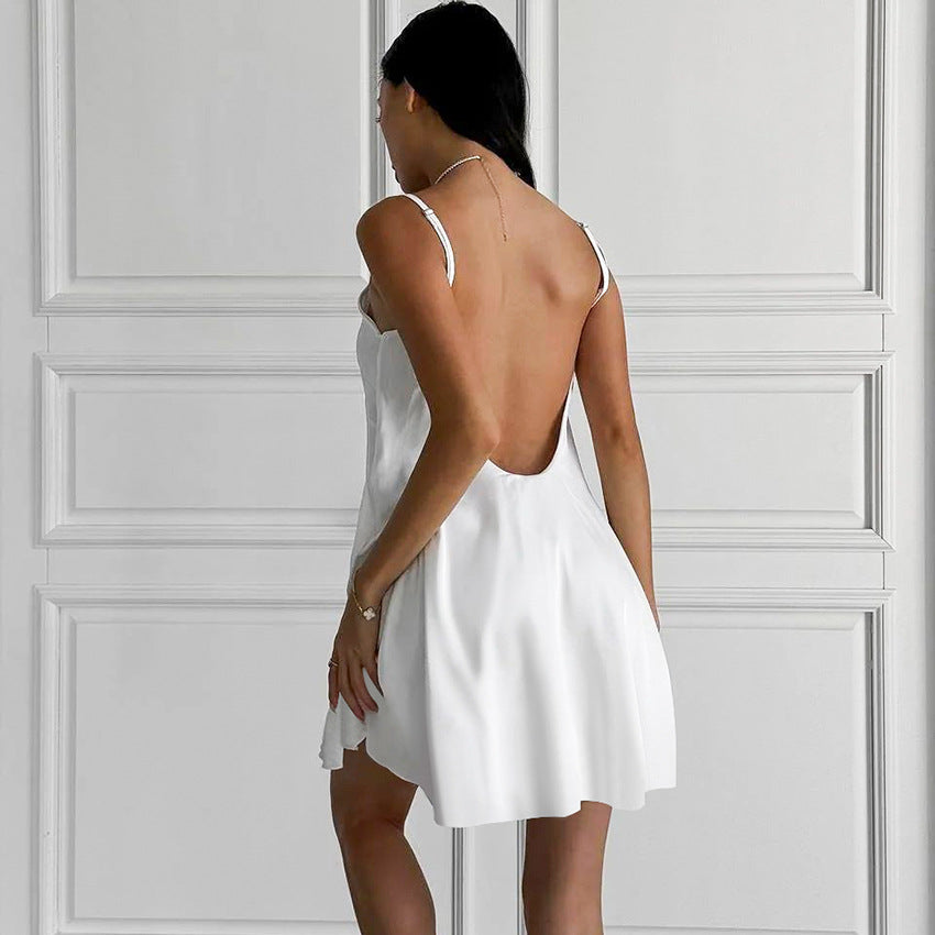 Women's White Satin Lace Slip Dress – Elegant V-Neck Cami Nightdress Sleepwear