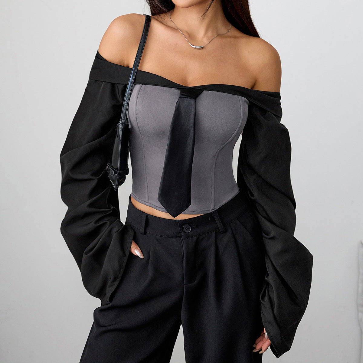 Women’s Sexy Long Sleeve Tie-Front Corset Top – Fitted Bustier Short Blouse