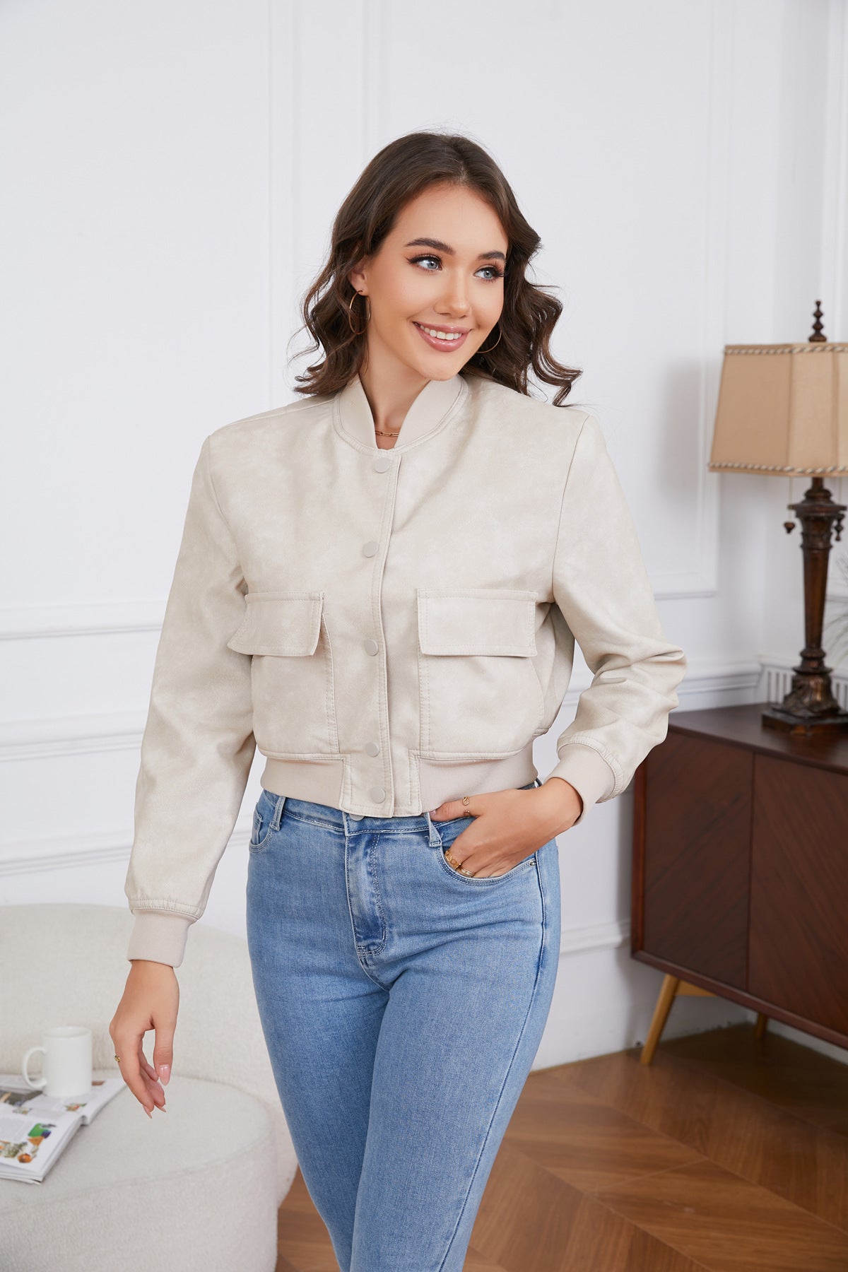 Women's Casual Loose-Fit Ribbed PU Leather Jacket