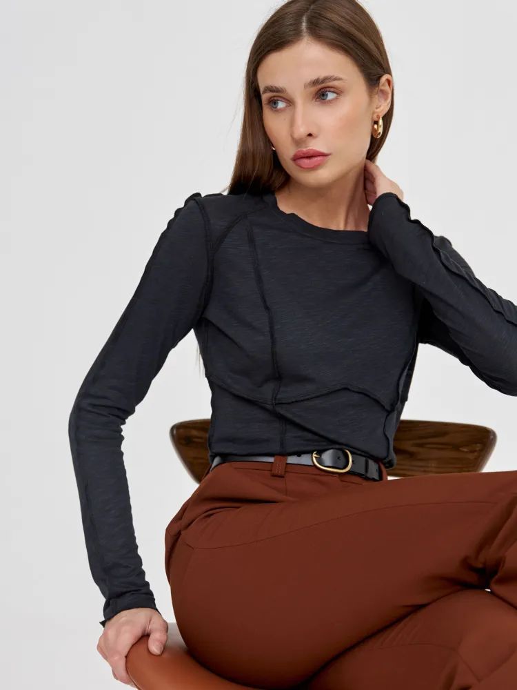 Women's Fashion Casual Contrast Stitching Crew Neck Long Sleeve T-Shirt