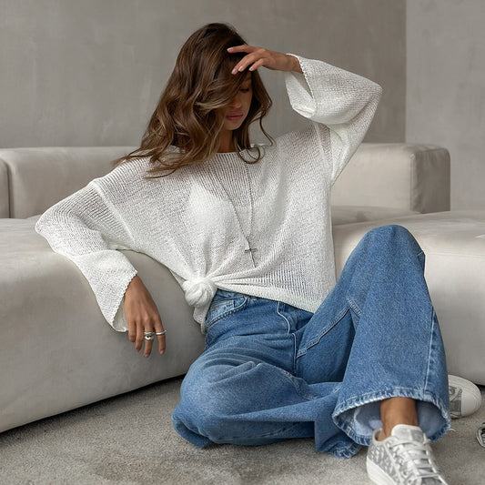 Women's Spring Summer Solid Color Knit Sweater – Loose Fit Long Sleeve Pullover with Hollow-Out and Draped Hem