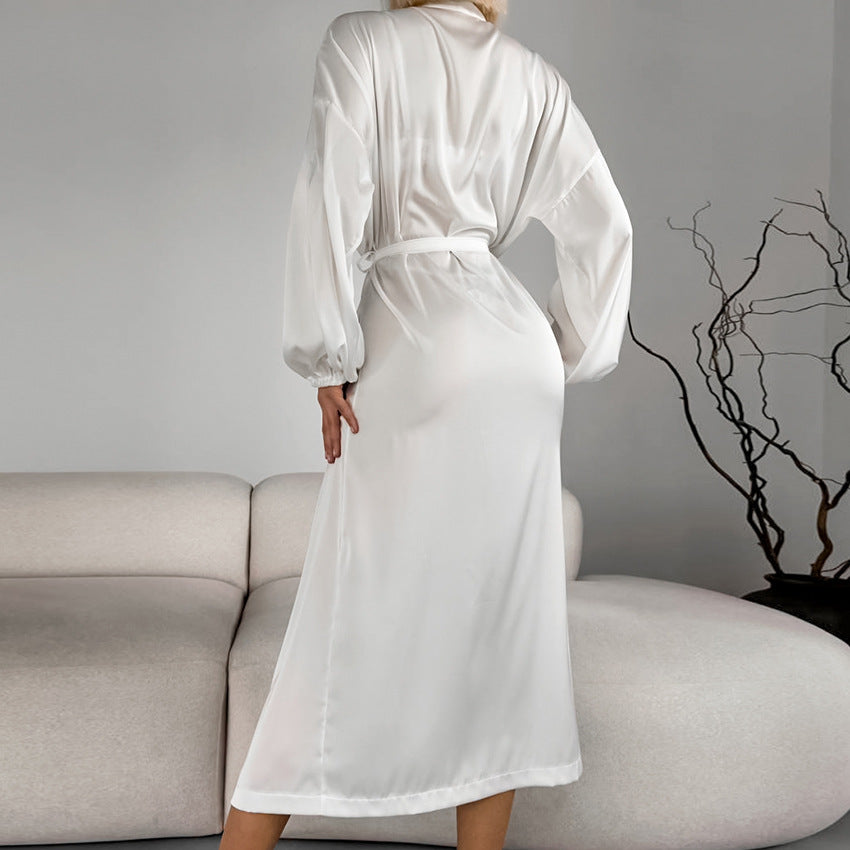 Women's White Satin Long Robe – Loose Fit Belted Dressing Gown Sleepwear