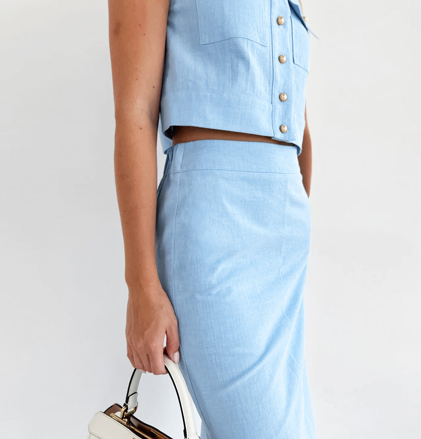 Summer Women's Fashion Round Neck Sleeveless Vest and Mid-Waist Split Skirt Two-Piece Set
