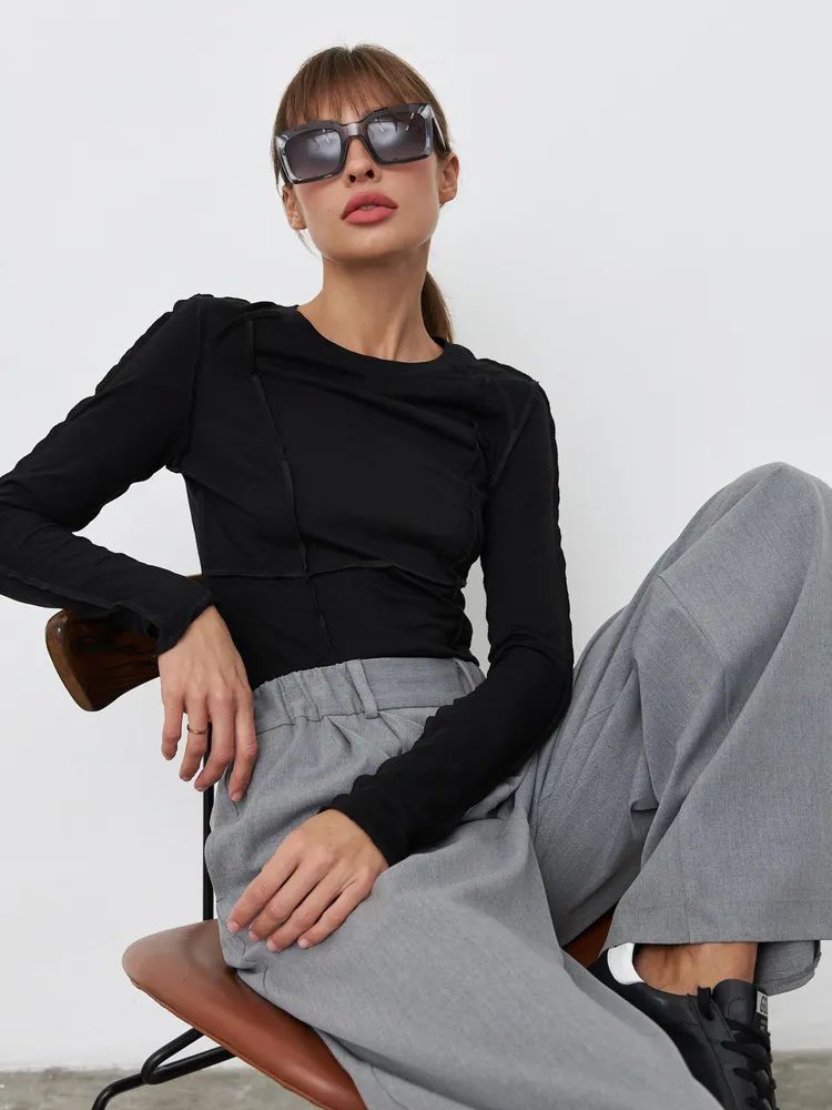 Women's Fashion Casual Contrast Stitching Crew Neck Long Sleeve T-Shirt