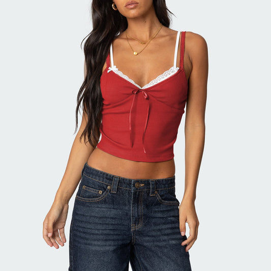 Women's Spring Summer Fashion Contrast Lace Patchwork Double-Strap Camisole with Bow – Slim Fit Faux Two-Piece Top