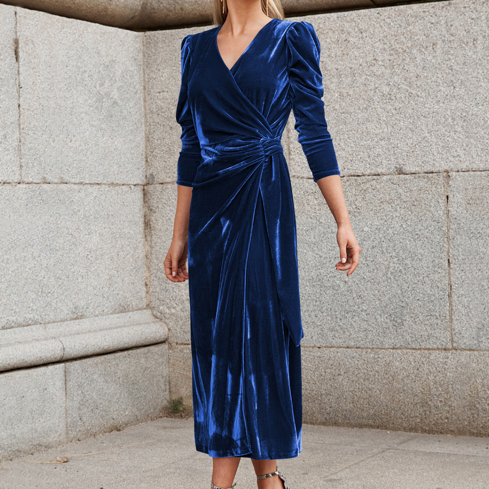 Women's Solid Color Tie Waist V-Neck Velvet Dress - Luxurious Velvet Fabric