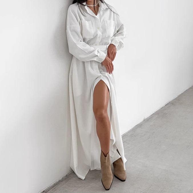 Women's French Collar Slim Shirt Dress - Elegant White Fitted Dress for Everyday Wear