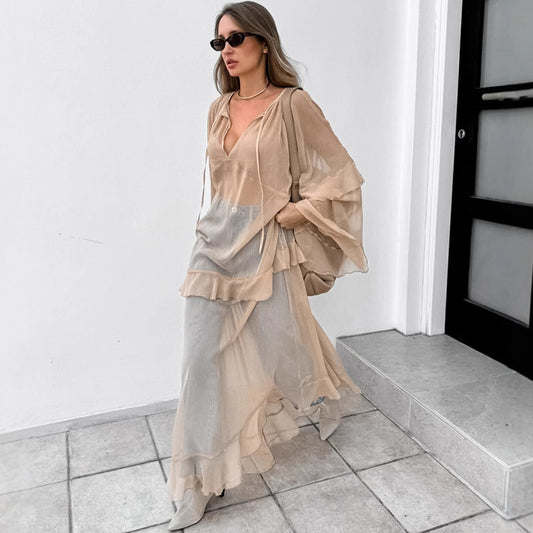 Women's Khaki Batwing Sleeve Cover-Up Dress