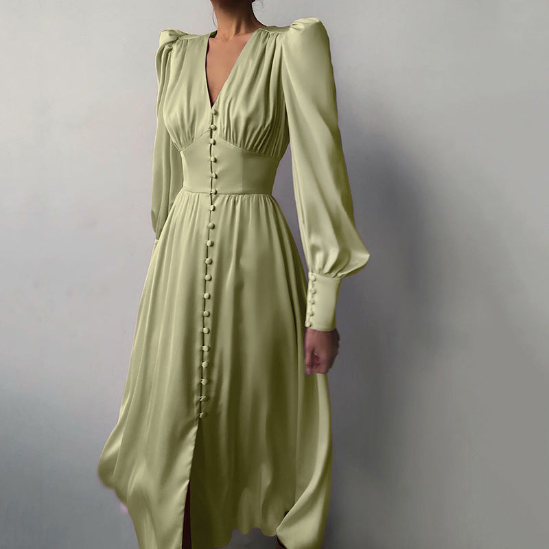 Satin Balloon Sleeve Wrap Dress