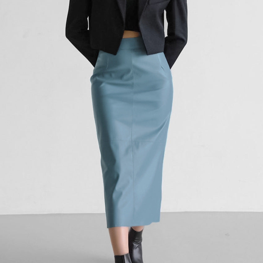 Women's High-Waisted Split PU Leather Pencil Skirt